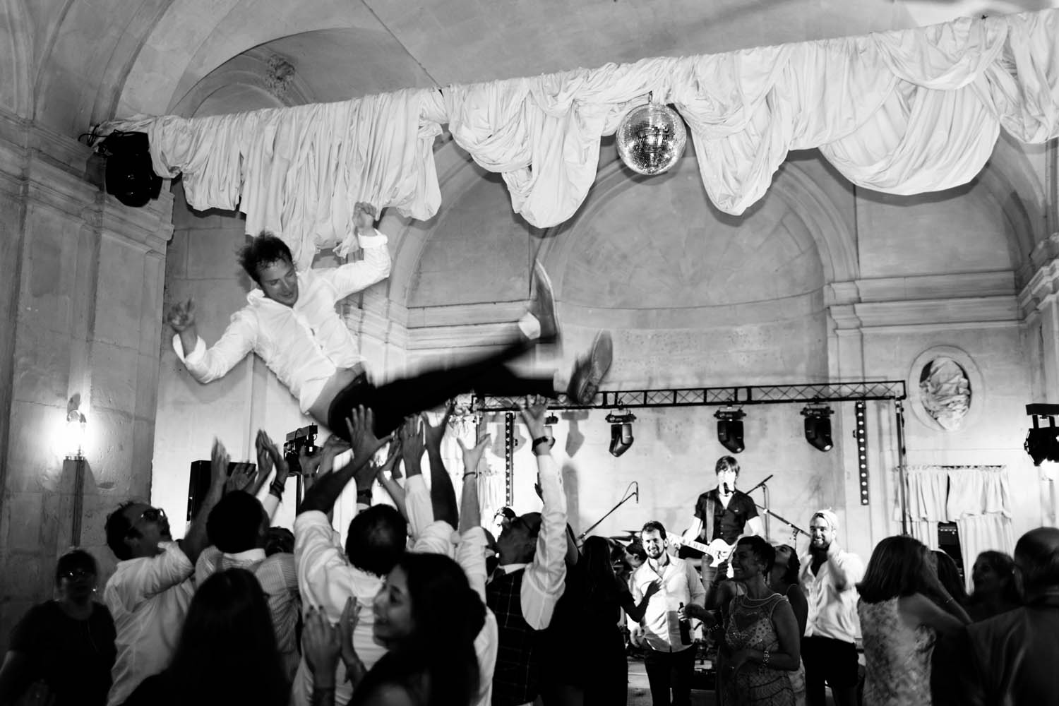 chateau de vallery wedding groom crowd surfing