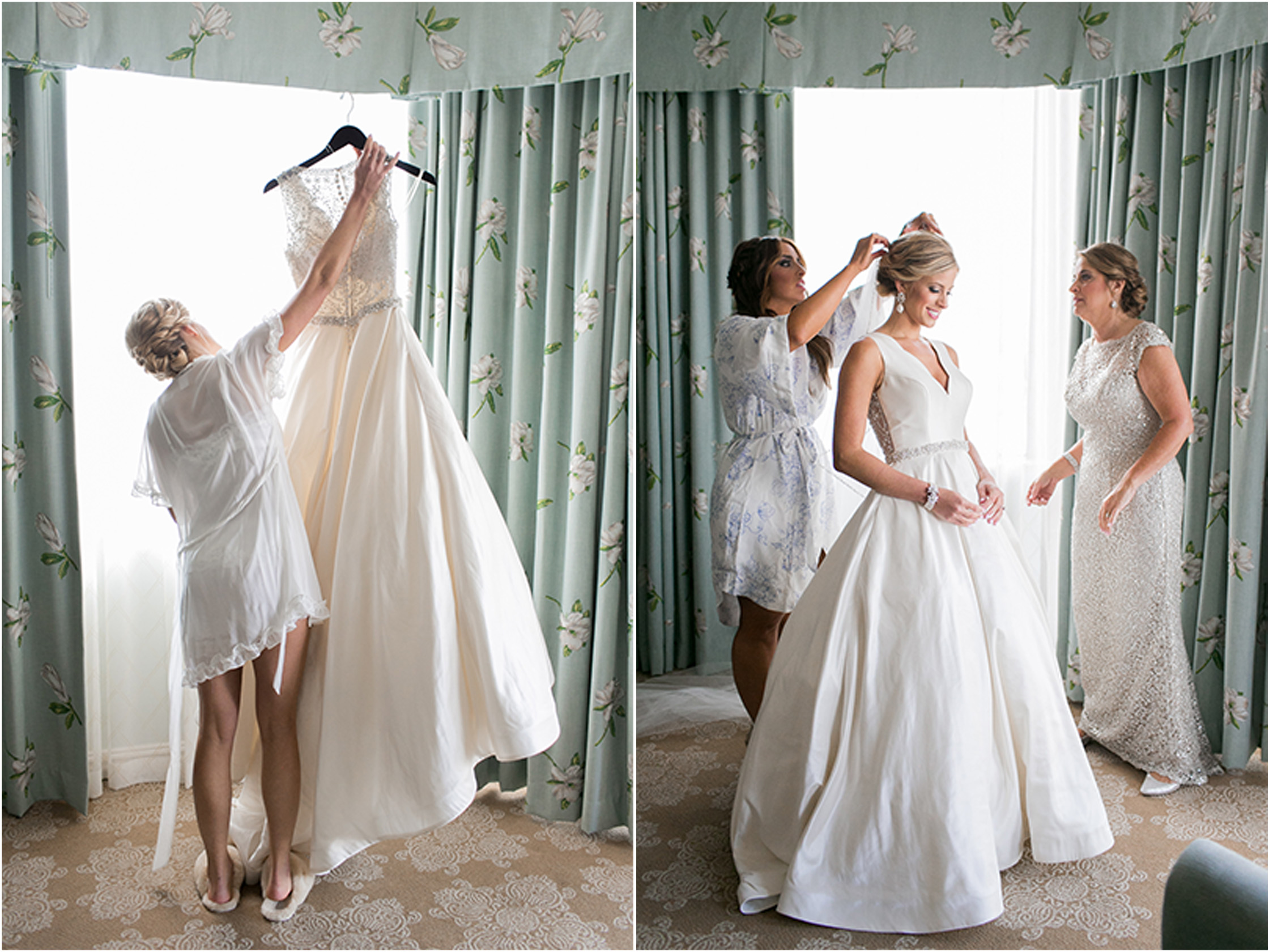 brides mother helping bride to dress